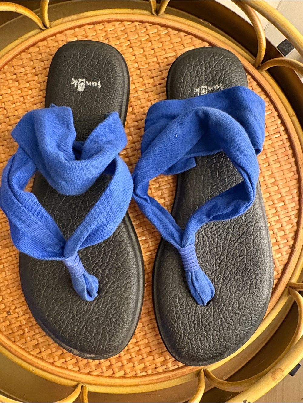 Sanuk Blue Fabric Strap Black Footbed Sandals